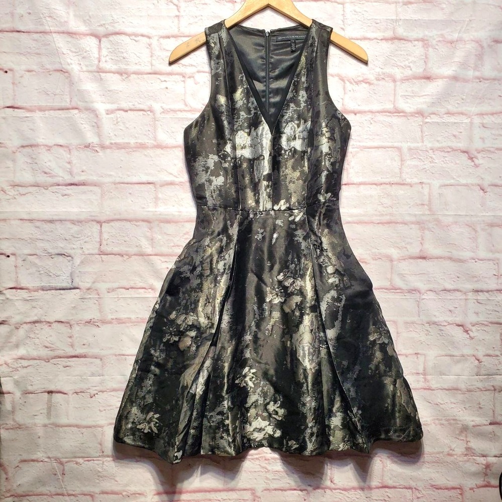White House‎ Black Market Dress Womens 0 Black Metallic Jacquard Fit Flare Party